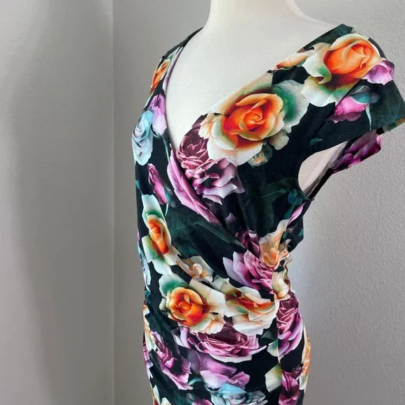 Artelier Nicole Miller Womens 10 Knit Floral Ruched Cap Sleeve Bodycon Dress - Picture 6 of 9